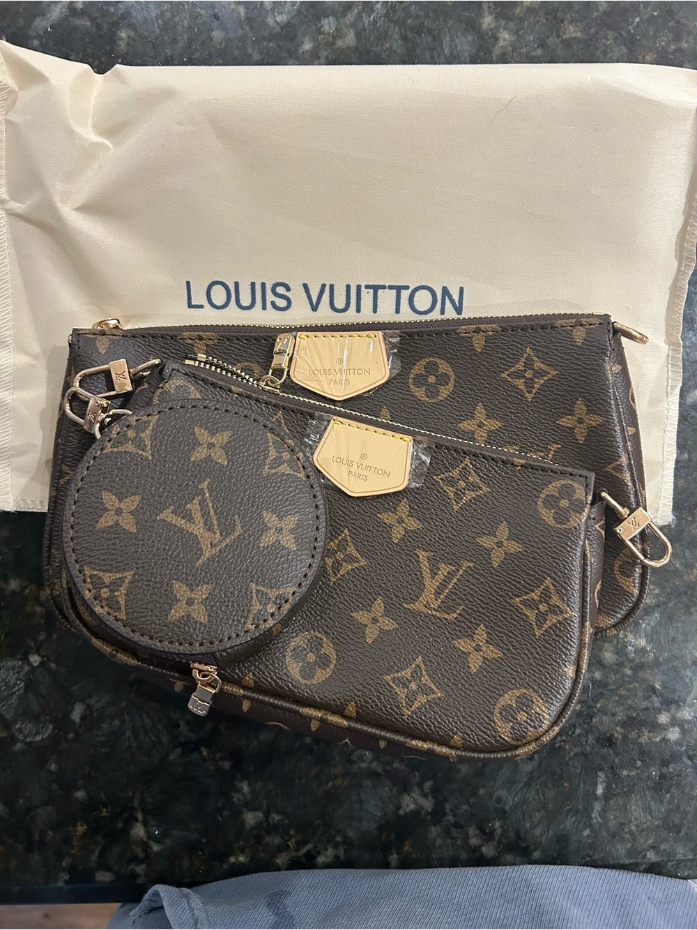 Designer-Inspired Brown & Gold Monogram-Style Triple Pouch Crossbody